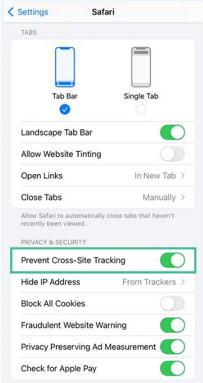 Safari Privacy Settings on iphone